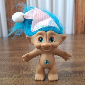 Vintage 90s Ace Novelty Treasure Troll Doll Teal Blue Hair Gem Belly Toy Retro